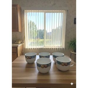 5 Tienshan Stoneware Coffee Cup Fruit Apple Pears Plum Grapes Strawberries 8oz